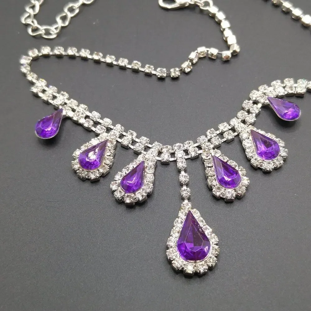 Dangle Purple Clear Rhinestone Necklace, 18 1/2 Inches Adjustable, Formal Choker